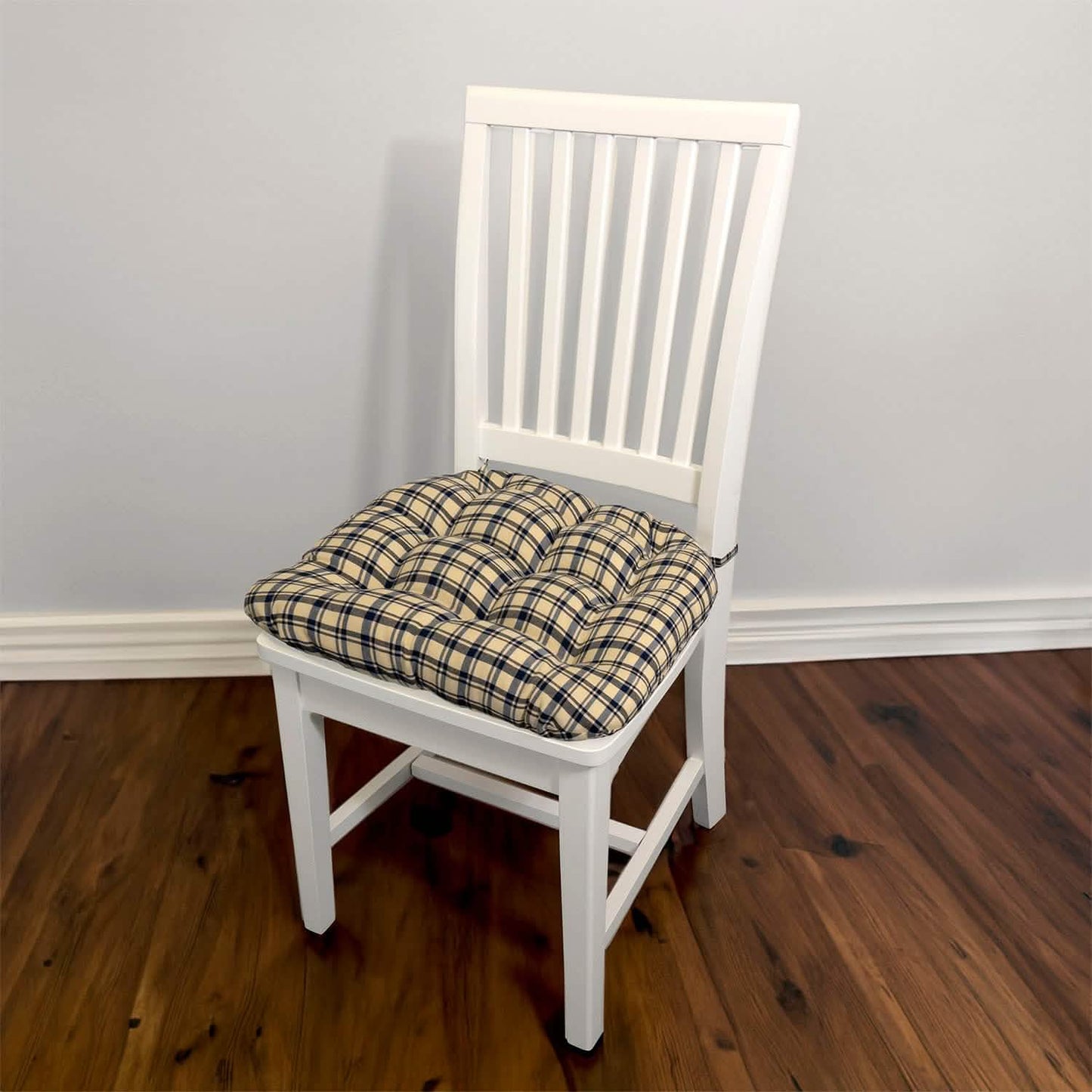 Montgomery Blue Natural Plaid Dining Chair Pads - Never Flatten Chair Cushion