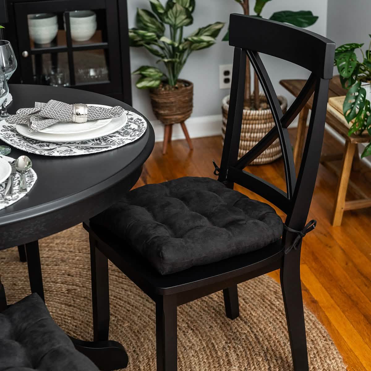 Micro-Suede Black Dining Chair Pads - Latex Foam Fill, Reversible